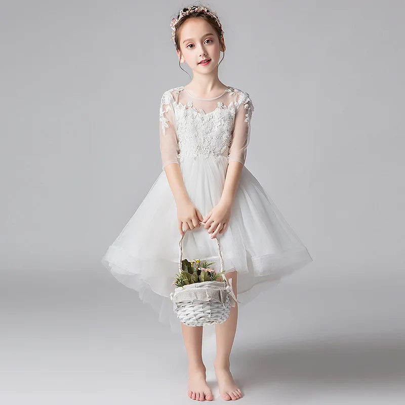 Formal Girls Dress Aline Gown O-Neck Princess Lace Flower Girl Tail for Party Girl Clothes 3 4 6 8 10 12 14 Years RKF194013