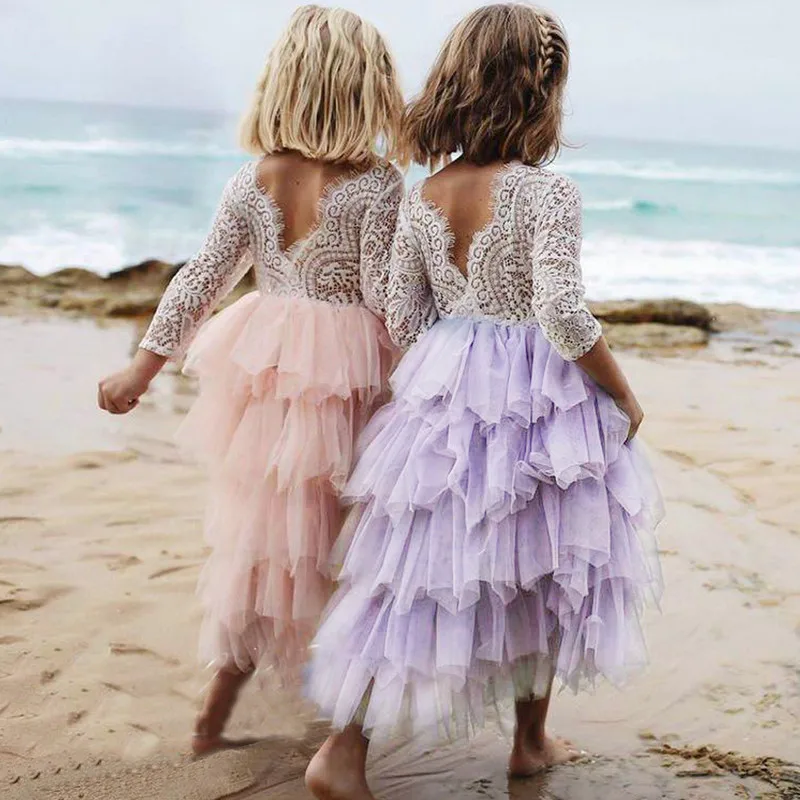 2023 Summer Kids Dresses For Girls Lace Sleeveless Backless Back V Tulle Party Princess Formal Dress Bridesmaid Pageant Dresses