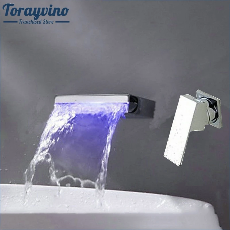 

Torayvino waterfall LED Bathroom Faucet light Color Changing Bath Basin Sink Faucet Wall Mount Chrome Brass Tap mixer Faucet