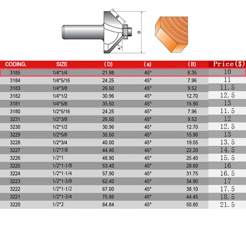 Woodworking CNC Cutter Chamfer Cutter Router Bit Horse Nose Bit 45Deg 1/4*1/4 Tideway 3185
