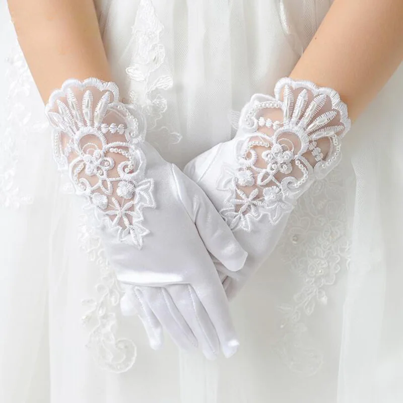 Kids Gift White Elastic Mesh Cloth Girls Party Formal Etiquette Gloves Pearl Short Lace Bow Children Princess Dance Gloves G79