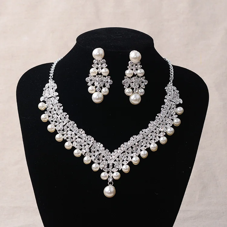 Magnificent Pearl Wedding Bridal Jewelry Sets Women Bride Wedding Party Jewelry Accessories Crystal Tiara Crown Earring Necklace