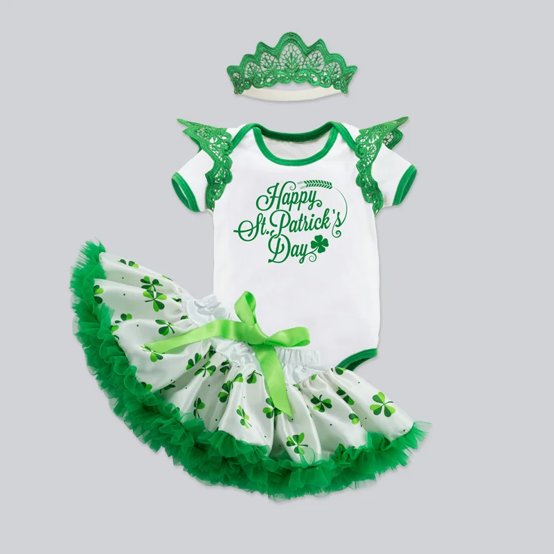 ST Patrick's Day Costume Baby Girls Outfit Bebe Kids Lace Romper Tutu Jumpsuit Overall Children Baby Infant Clothing 2PCS White