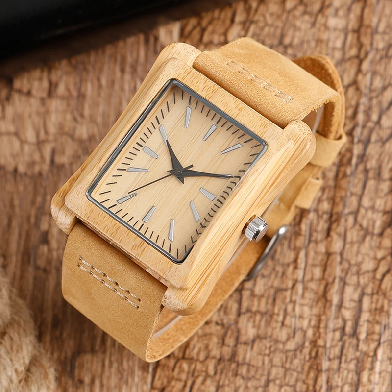 Creative Rectangle Dial Wood Watch Natural Handmade Light Bamboo Fashion Men Women Casual Quartz Wristwatch Genuine Leather Gift