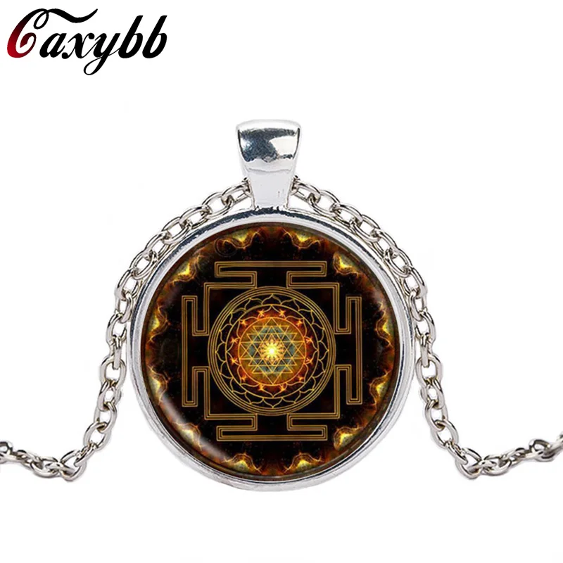 Caxybb Hot Buddhist Sri Yantra Jewelery Pendant Sacred Geometry Necklace  glass Jewelry Mandala Buddhist Necklace Women Jewelry