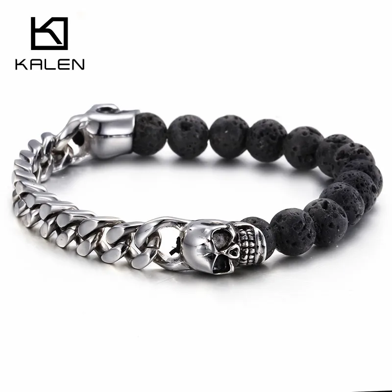 KALEN Lava Beads Bracelet for Men Punk Stainless Steel Cuban Chain Skull Charm Jewelry Golden Trendy Personalized Accessories