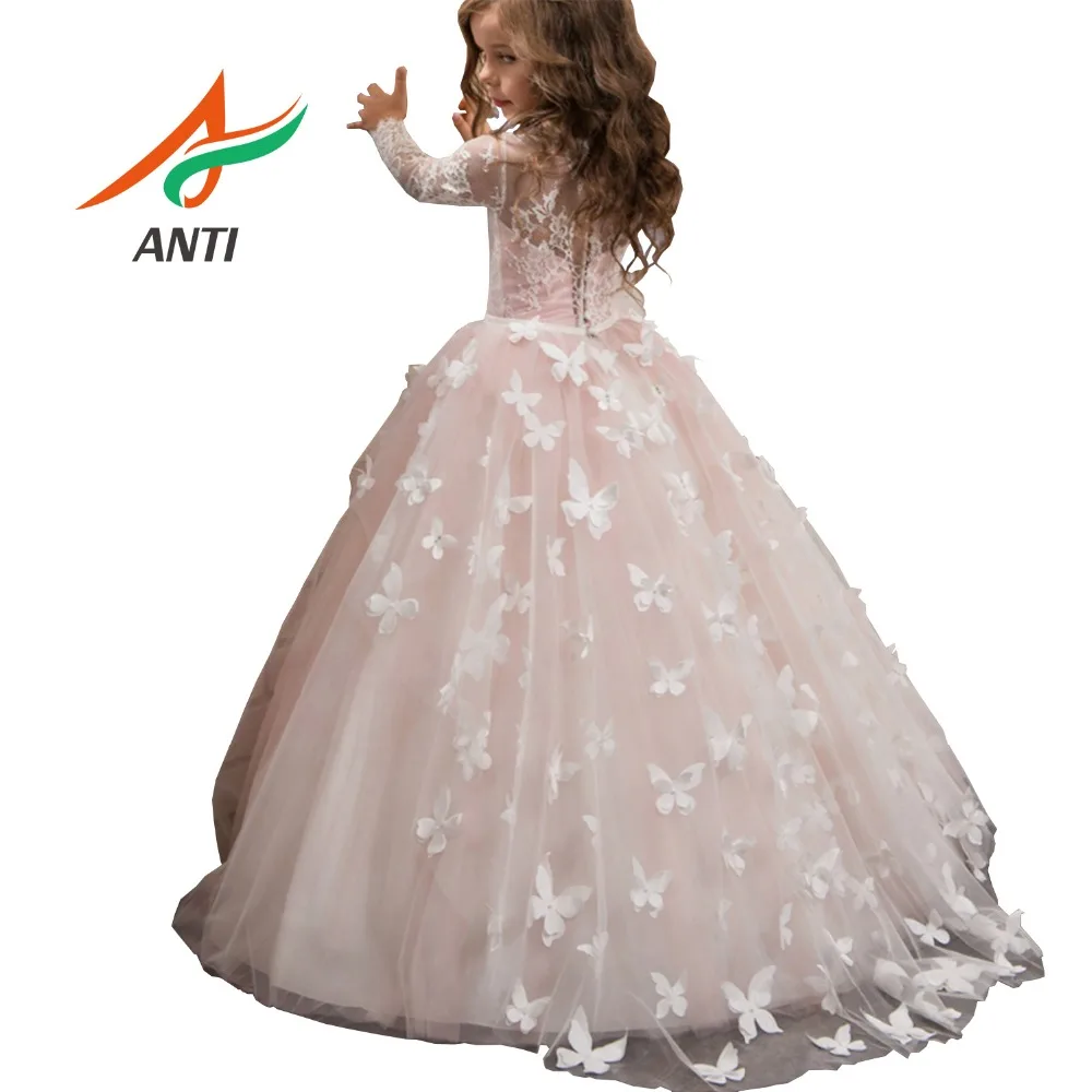 ANTI Pink High Quality Appliques Flower Scoop Elegant Tulle Girls Ball Gown With Sashes Full sleeve Girls Party Long Dress TR006