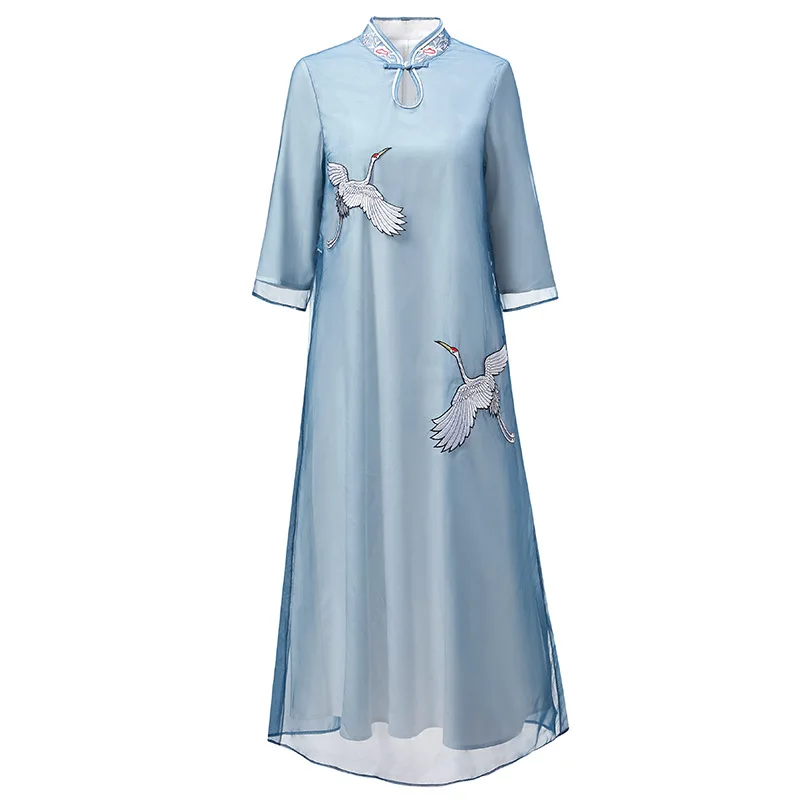 Vestido cheongsam de estilo chino, bordado de grulla de organza, estilo retro mejorado, novedad de primavera 2023