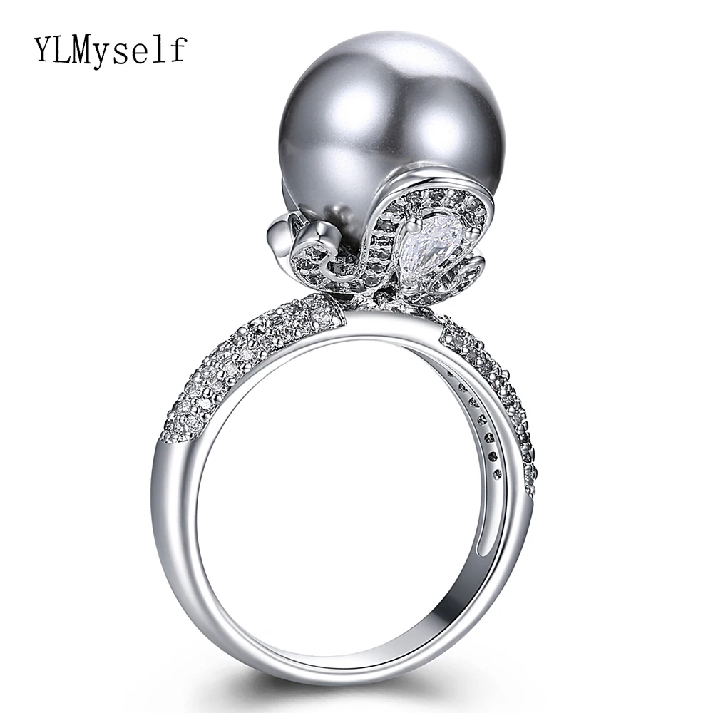 Shiny Cubic Zircon Top Jewelry High Quality Women Trendy Jewellery Big Charming Finger Rings Elegant Grey Pearl Ring