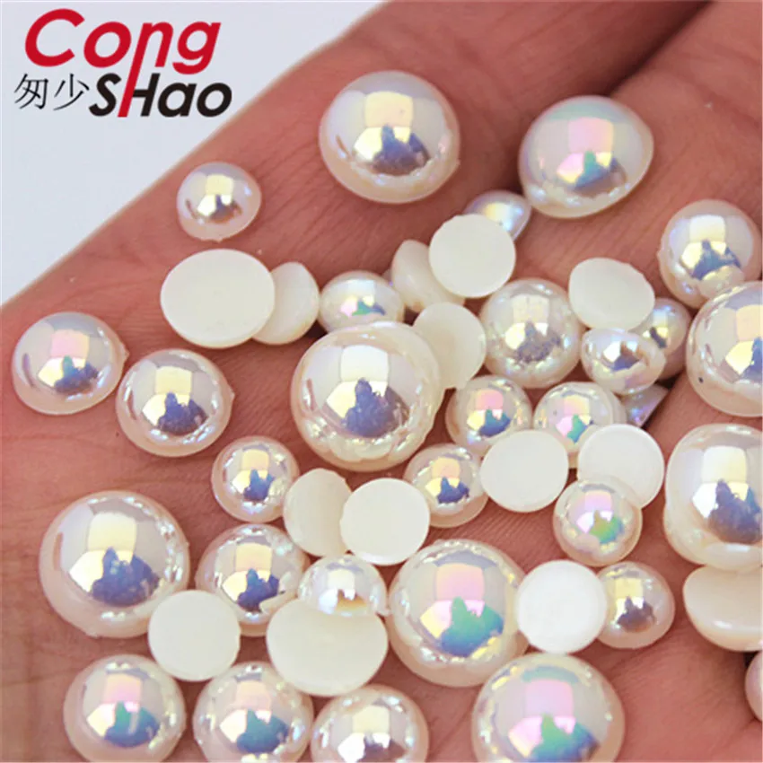 Cong Shao 6/8/10/12mm Flatback AB Bianco Perle D\'imitazione della perla ABS Acrilico Rotondo Strass trim FAI DA TE Abito Da Sposa Pulsante WC388