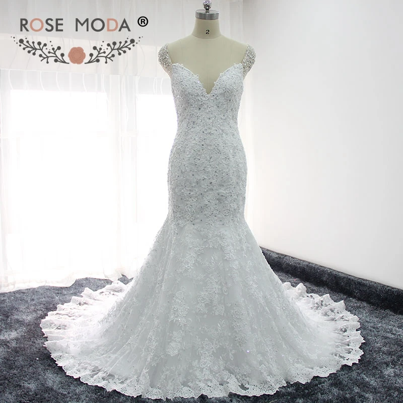 

Rose Moda Gorgeous Lace Mermaid Wedding Dress Crystal Back Real Photos