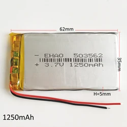 3.7V 1250mAh 503562 litowo-polimerowa LiPo akumulator do Mp3 GPS PSP DVD głośnik MP4 PAD gra wideo E-books Tablet PC