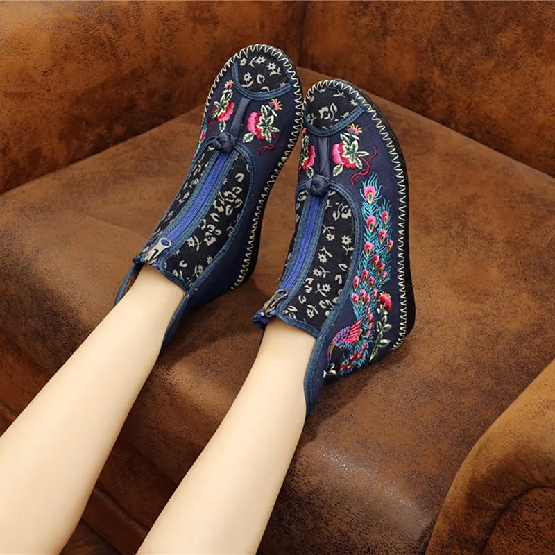 Veowalk Peacock Embroidered Women Canvas Flat Short Boots, Vintage Chinese Embroidery Cotton Booties Ladies Shoes Front Zippers