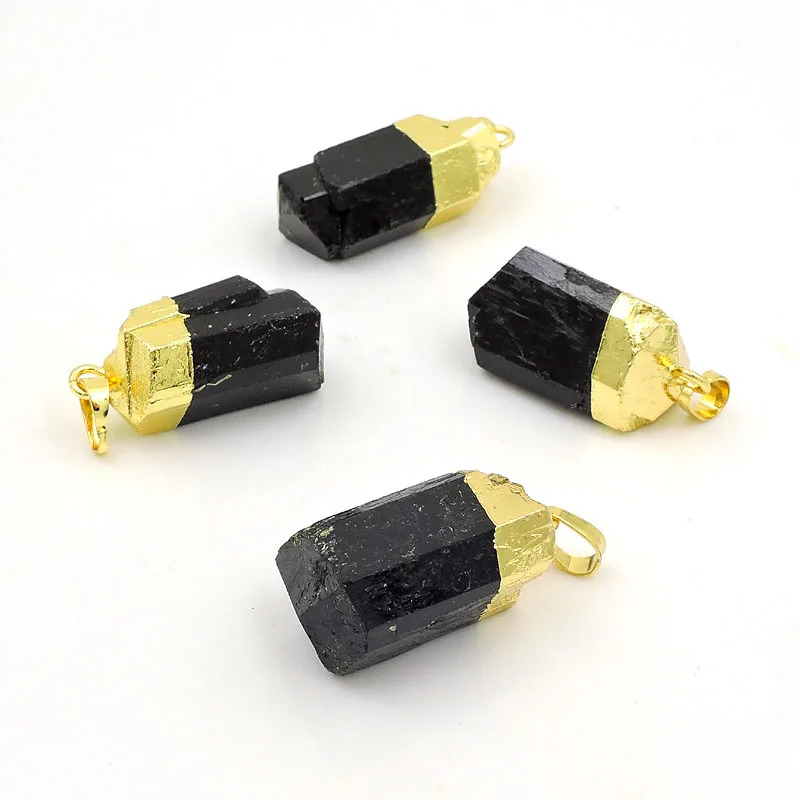 Natural Black Tourmaline Hexagon Pillar Point Pendant With Top Gold And Silver Plated Approx 25mm Long