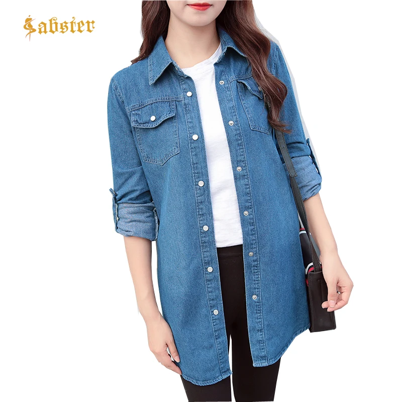 Long Denim Jacket Women 2018 New Arrived Women\'s Jeans Jackets Soild Female Coat Casual Turn Down Collar Women Outwear XZ387