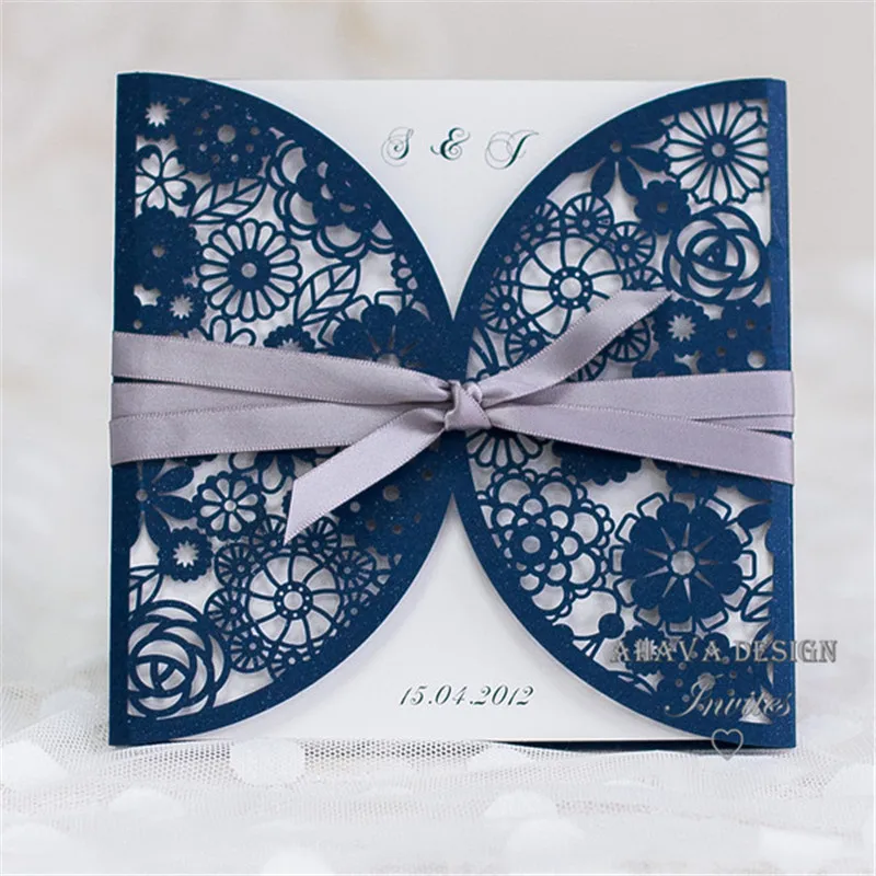 

Elegant Navy Blue Laser Cut Wedding Invitations With Ribbon