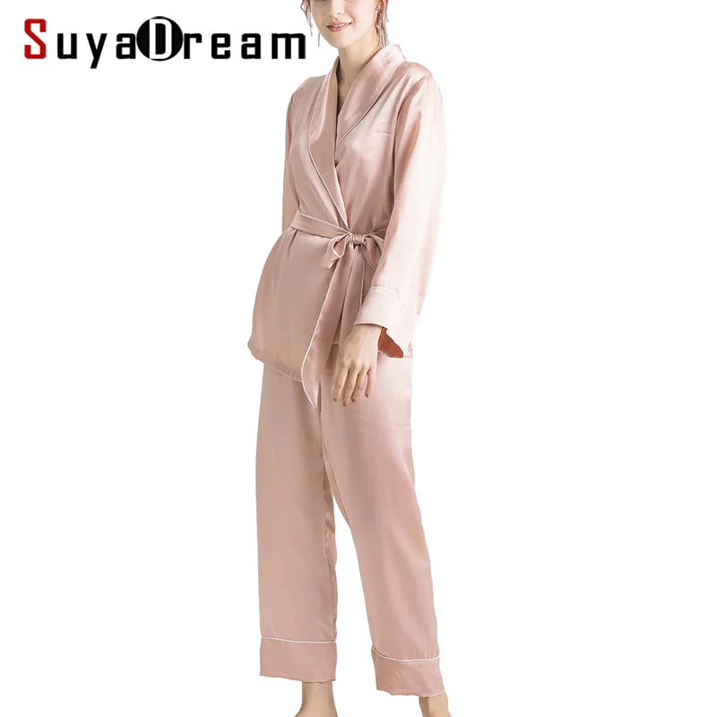 SuyaDream-Conjuntos de pijama de seda rosa feminino, vestes de seda 100% reais, pijamas rosa, primavera, novo, 2022