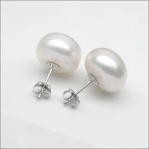 

14K Solid White Gold 13-14MM White Genuine Freshwater Button Pearl Stud Earrings