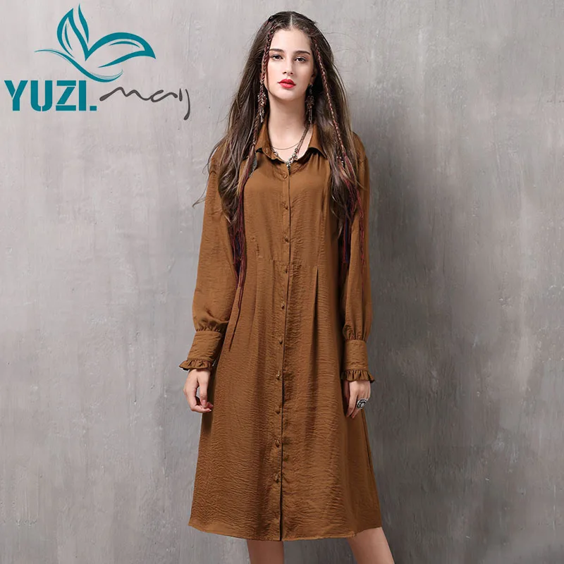 

Autumn Women Dress 2017 Yuzi.may Boho New Cotton Visvose Vestidos Turn-down Collar Long Sleeve Single Breasted Dresses A82065