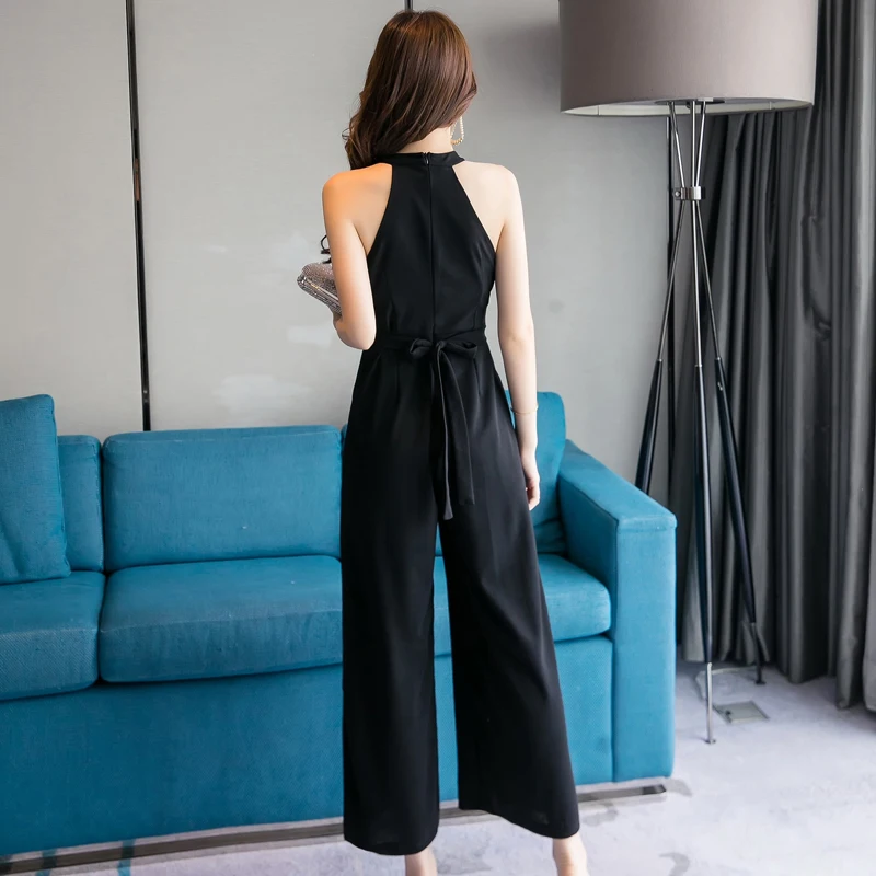 ฤดูร้อน Elegant Jumpsuits สำหรับสตรี 2019 สตรี Playsuit Halter ปิดไหล่ Rompers แขนกุดขากว้างง่าย Jumpsuit DD1933