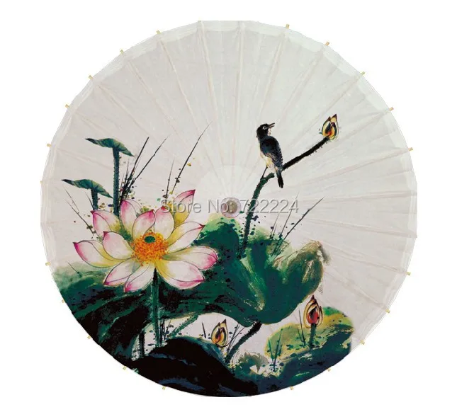 Free shipping chinese handmade ink lotus and bird painting fabric adult parasol waterproof dance decoration oiled paper umbrella