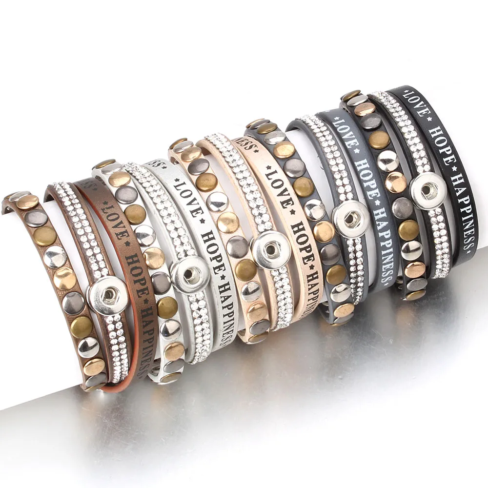 Hot Sale Leather 12mm Snap Button Bracelet Watches Fit 12mm Snap Jewelry Love Hope Happiness Leather Bracelet for Women Men Gift
