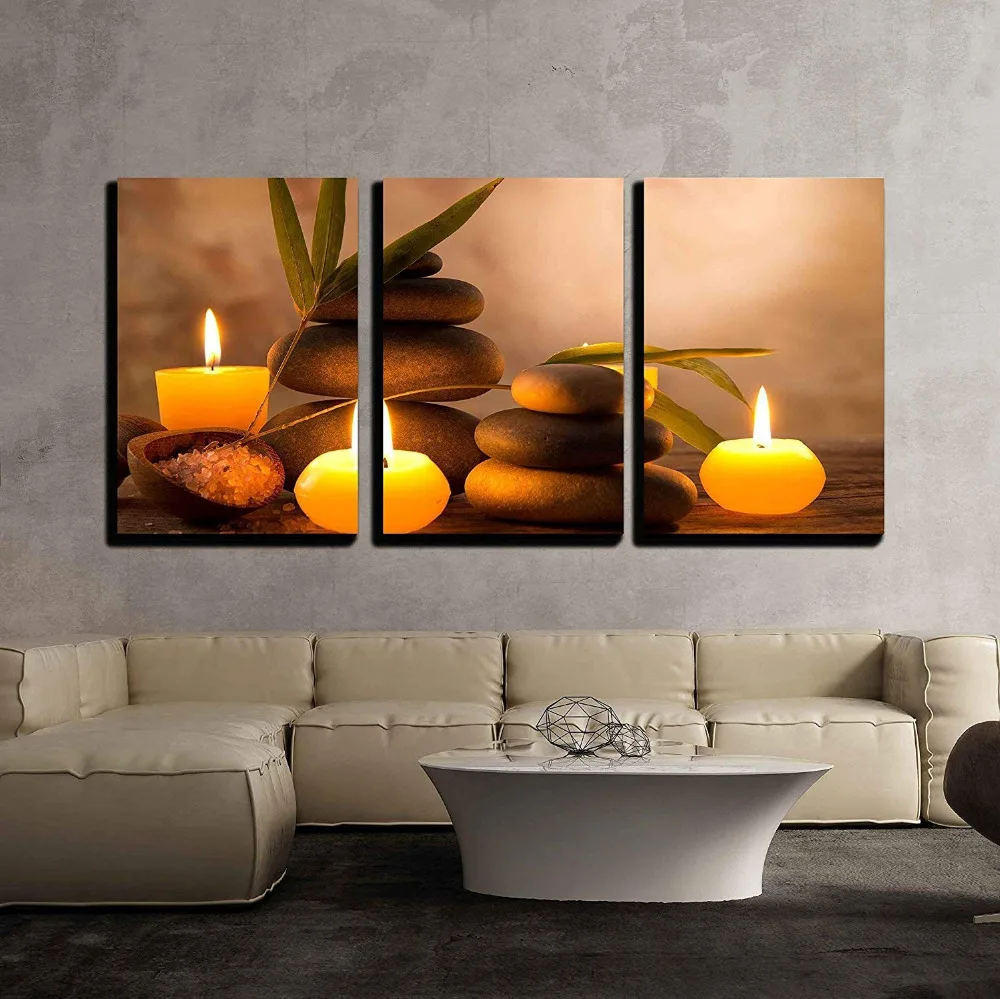 

Canvas Wall Art 3 Piece- Spa Still Life with Aromatic Candles and Zen Stones Modern Home Decor Stretched and Frame Drop shipping