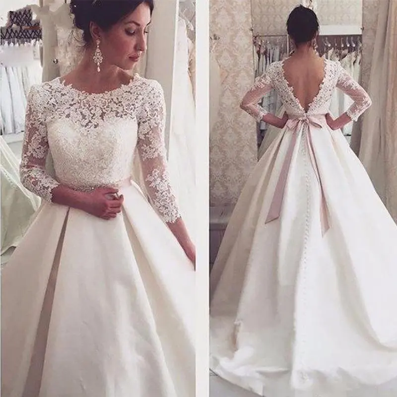 

White Lace Appliques Backless Cheap Wedding Dresses 3/4 Sleeves Formal 2021 New Simple Backless Bridal Dresses