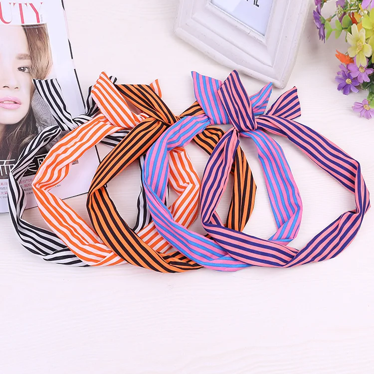 High Quality Cotton Striped Headband For Women Lady Knotted Bow Rabbit Ear Stretch Hair Accessories