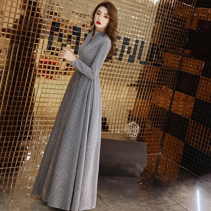 Customized Women Long Sleeve Evening Gowns Celebrity Dress Elegant Formal Long Dresses Satin A line Evening Dresses WY1509