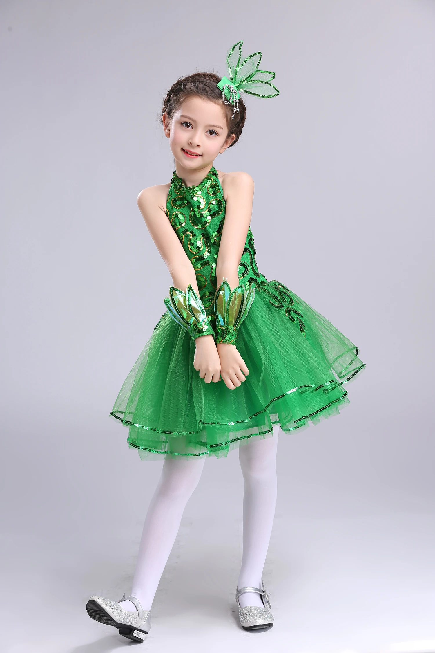 Children Latin Grass Performance Clothing Green Puffy Princess Dress Girls Jasmine Chorus Suit Modern Dance Ballet Dress