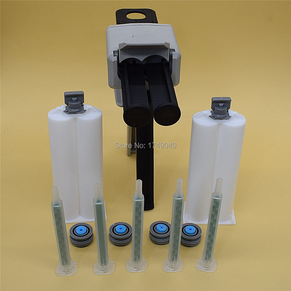 Dispenser di colle AB pistola per calafataggio da 50ml pistola per colla 1:1 con tubo per ugello di miscelazione statica da 5 pezzi e 2 set cartuccia vuota a doppia canna da 50ml