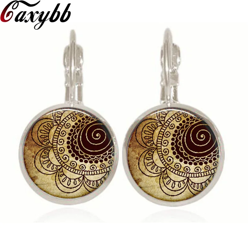 fashion dome glass cabochon earrings handmade jewelry vintage henna yoga mandala flower earring om symbol zen buddhism c-e258