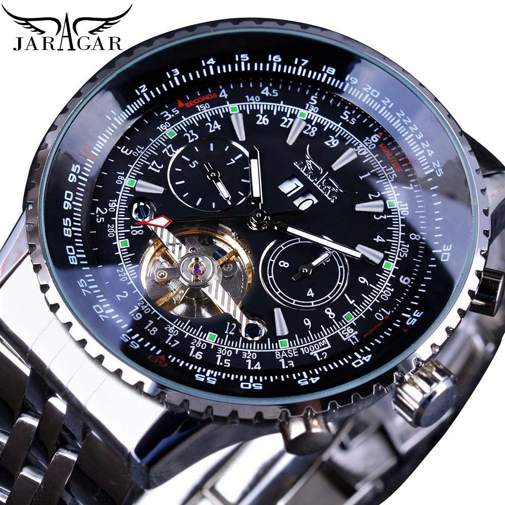 Jaragar Automatic Mechanical Fashion Men Male Watches Aviation Toubillon Silver Calendar Luxury Stainless Steel Band Wrist Watch