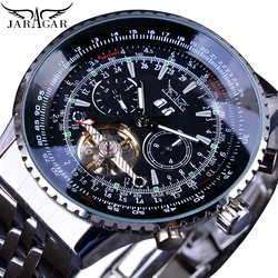 Jaragar Meccanico Automatico Moda Uomo Orologi Maschili Aviation Toubillon Argento Calendario Orologio da Polso con Cinturino in Acciaio Inossidabile di Lusso