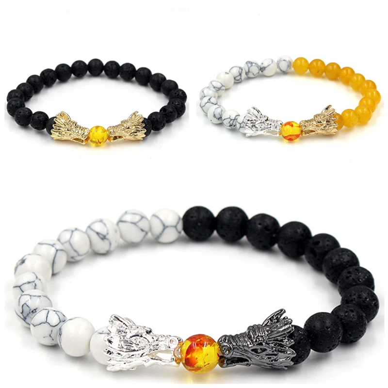 Natural Black Lava & White Howlite Stone Beads Bracelet Pulseira Masculina Mens Jewelry Buddha Dragon Bead Bracelet For Women