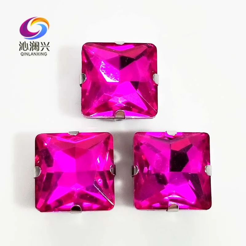 

Rose red top quality Glass Crystal sew on stones,square shape claw rhinestone with holes,Diy/Clothing accessorie SWZ424