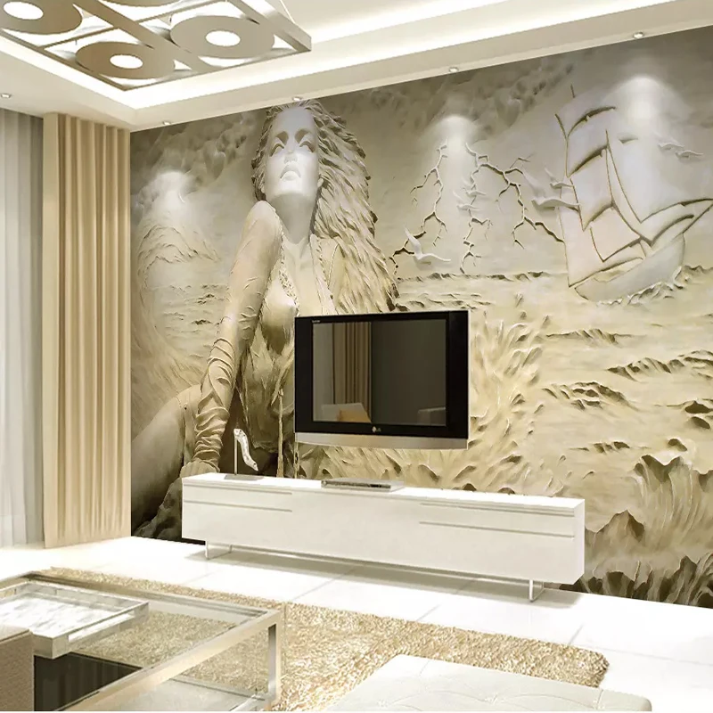 European Gold 3D Embossed Seaside Sexy Beauty Mural Wallpaper For Walls 3 D Living Room TV Background Decorative Wall Covering