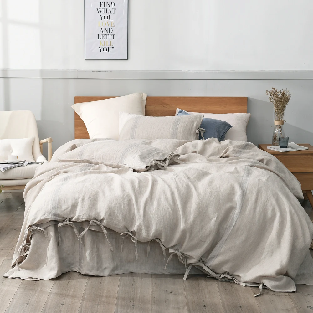 3 pcs Yarn Dyed Strip 100% Pure Linen Bedding Sets  Waterwash Linen pillowcase duvet cover Linen sheets Free Shipping