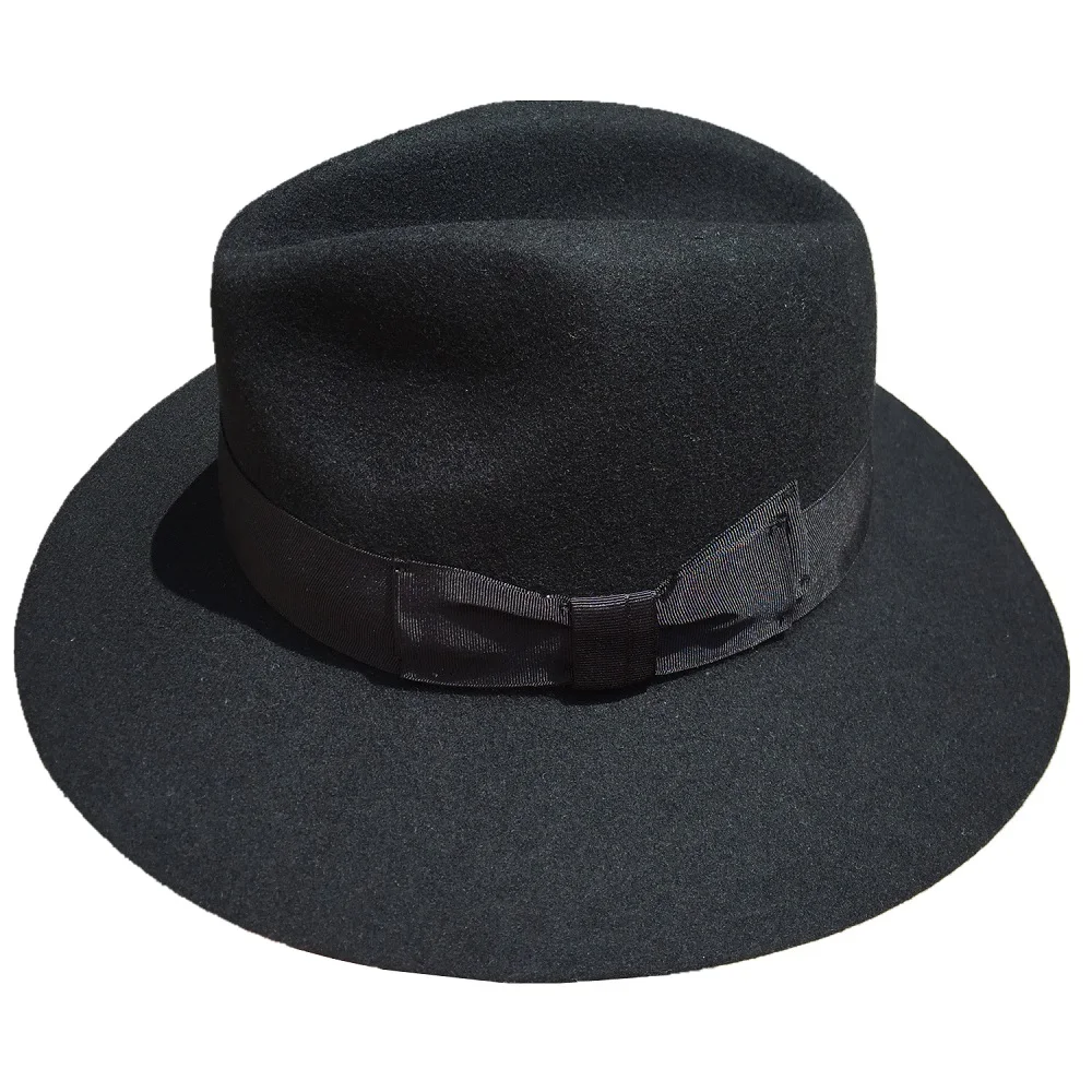 Fashion Black Wool Felt Wide Brim Fedora Hat For Men or Women -7 cm Brim