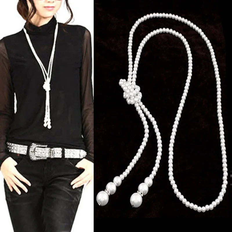 New Fashion Long Beads Chain Pearl Necklace For Women\'s On The Neck Statement Collier Female Jewelry Gift