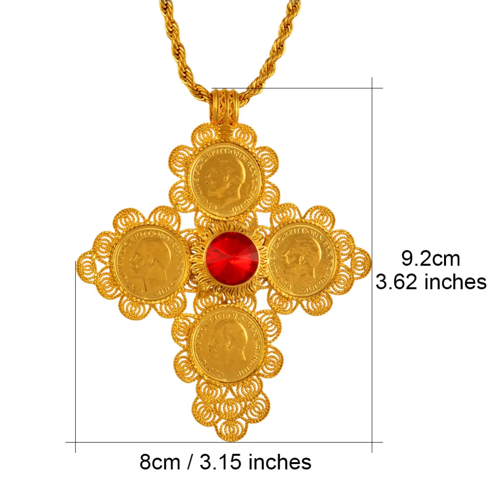 Anniyo Ethiopian Big Cross Pendants Necklaces Women Men Gold Color Jewelry Africa Coin Cross/Eritrea Habesha Necklace #044202