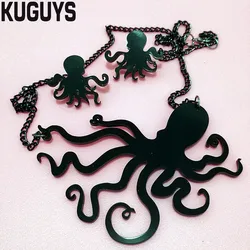 KUGUYS Tentacles Octopus Jewelry Set HipHop Fashion Acrylic Hyperbole Black Earrings for Women Men Pendant Necklace Link Chain