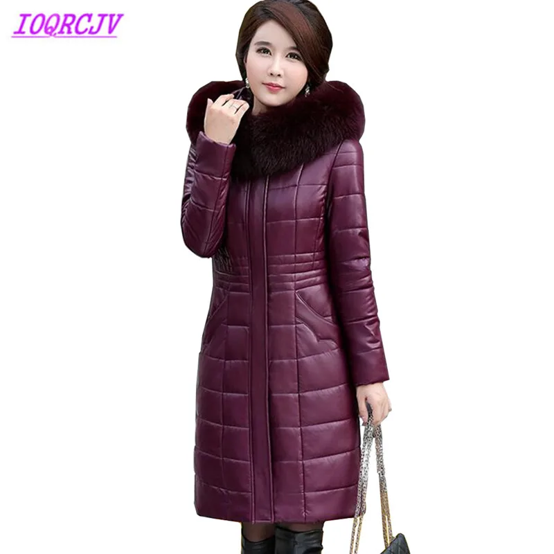 Winter Women's Cotton Jacket Leather Coats Hooded Fur collar Parkas Thick Warm Outerwear Coats Cotton Clothes 5XL 6XL 7XL 8XL