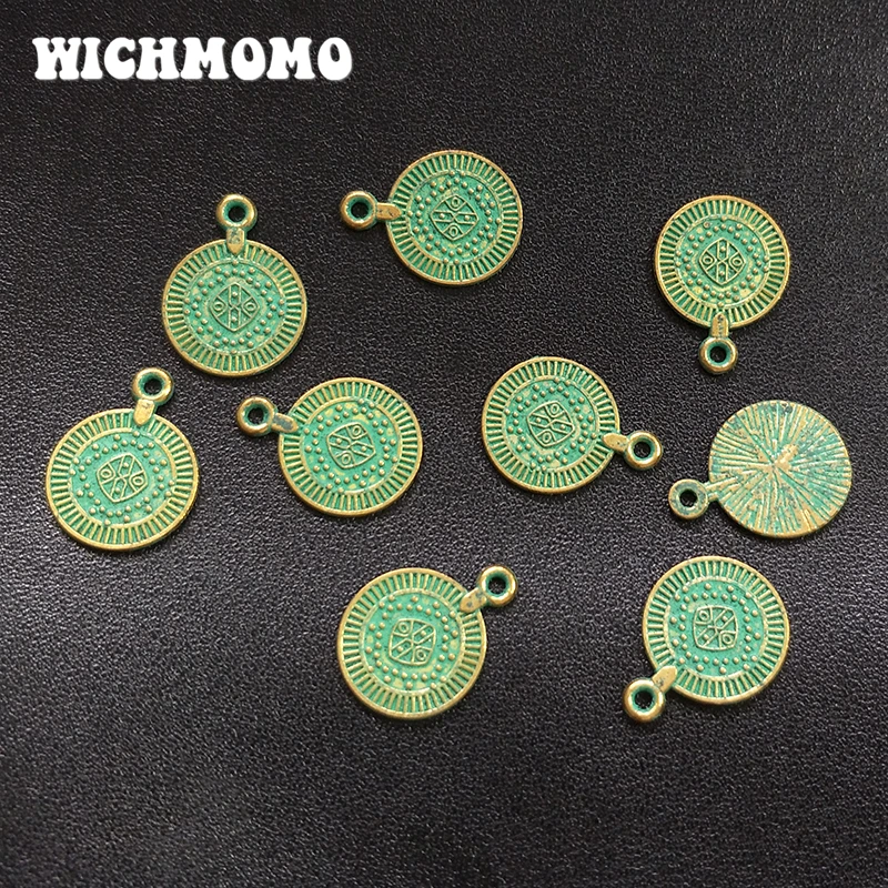 20pcs 14MM Retro Patina Plated Zinc Alloy Green Small Round Coin Charms Pendants for DIY Jewelry Accessories PJ004