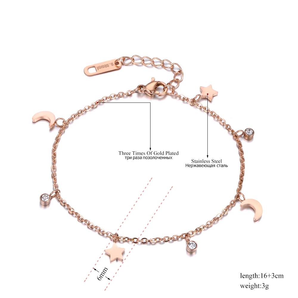 Lokaer Trendy Bracelet Moon & Star CZ Crystals Rose Gold Color Stainless Steel Charm Bracelet Link Chain Christmas Gift B18186