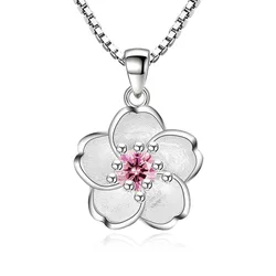 Sweet Shiny Crystal Cherry Blossoms Flower Fashion Platinum Plated Ladies Pendant Necklaces Women Short Box Chain Wedding Gifts