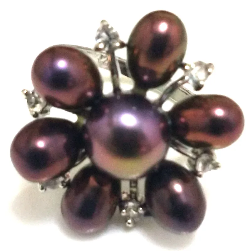 8# Black Natural 8-9mm Button Pearl & 6-7mm Rice Pearl Flower Ring with Zirconia