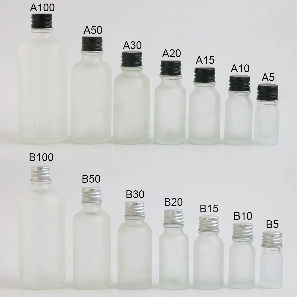 Promotion 100ml 50ml 30ml 20m 15ml 10ml 5ml frost glass Essential Oil Bottle Containers With Aluminum Lids  200pcs