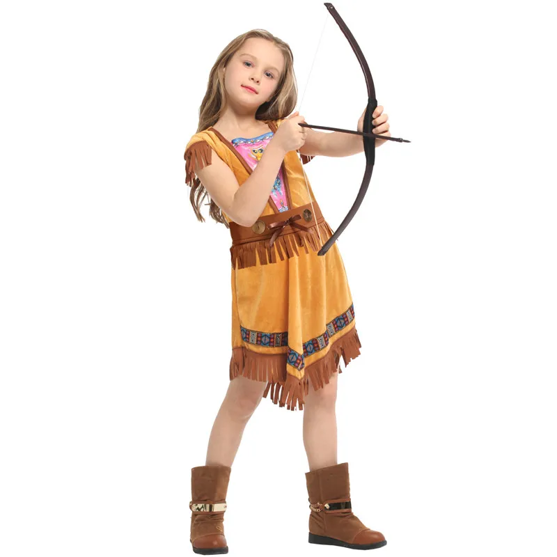 Girls Primitive Indian Traditional Cosplay Kids Children Halloween Archer Hunter Costumes Carnival Purim Stage Play Party Dress